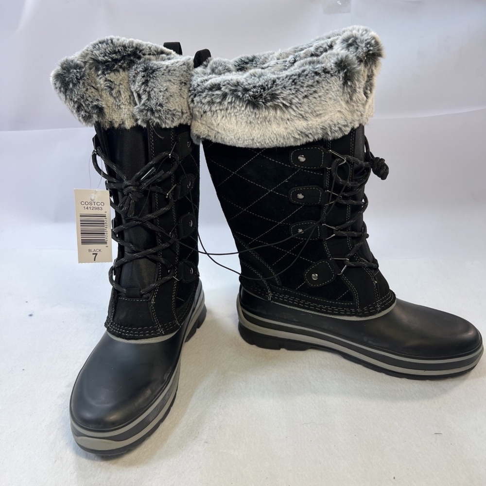 NEW Black Lace-Up Winter Boots Suede With Faux Fur Trim Size 7 KHOMBU Ellie